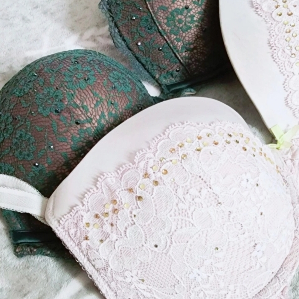 Lace Embellished Bras in Green and Pink
